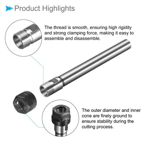 ER11A Router Collet Chuck Extension Rod, 12mm Shank, 100mm Length, showing smooth thread and clamp nut details