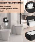 Bathroom with stainless steel toilet paper holder, shelf for phone, and hidden wipes dispenser, wall-mounted, matte black.