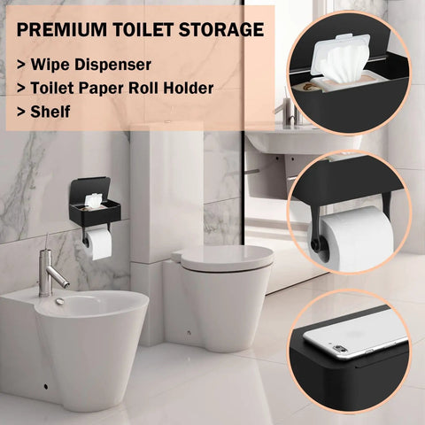 Bathroom with stainless steel toilet paper holder, shelf for phone, and hidden wipes dispenser, wall-mounted, matte black.