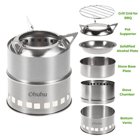 Stainless Steel Wood Burning Camping Stove Portable For Backpacking and Outdoor Cooking with Grill Grid and Carry Bag Ultra Lightweight