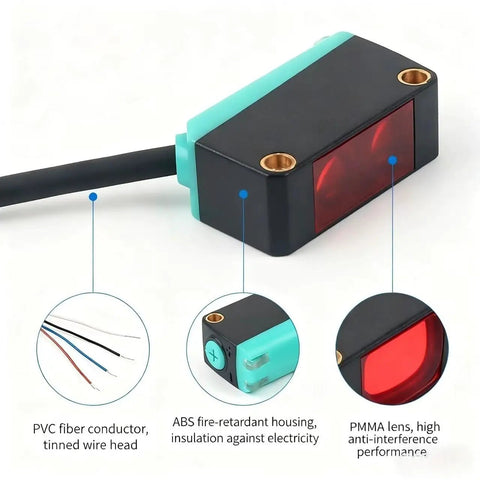 Background Suppressed Diffuse Reflection Photoelectric Sensor For 5 To 300 mm Sensing Range, 12 To 24 V DC, NPN Output, color-independent detection, compact integrated cable, shown with wire components and housing highlights.