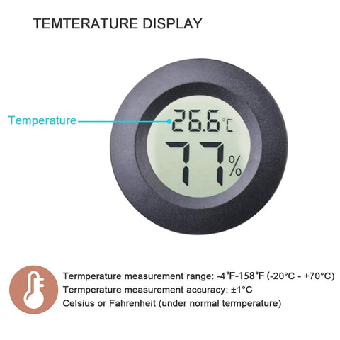Two Pack Mini Hygrometer Thermometer Round Indoor Outdoor Humidity Meter With Digital Readout And Fahrenheit Celsius Switch, Accurate Humidity And Temperature Readings For Home Office Greenhouse black round display showing 26.6°C and 77% humidity