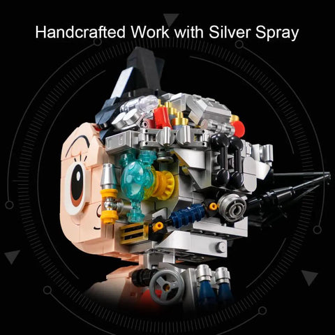 Astro Boy Mechanical Building Set With Clear Version, detailed side view with handcrafted silver spray mechanical parts