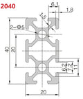 2 Pcs 2040 T-Slot Aluminum Profile Extrusion European Linear Rail technical drawing with dimensions and details.