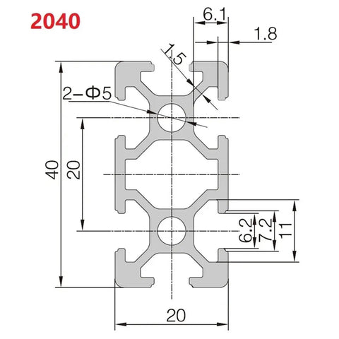 2 Pcs 2040 T-Slot Aluminum Profile Extrusion European Linear Rail technical drawing with dimensions and details.