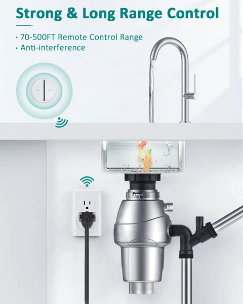 Wireless Garbage Disposal Switch With 500ft RF Range Magnetic Base showcased above a disposal unit with safety plug.