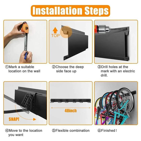 Installation steps for Six Bike Wall Mount Storage Rack With Interlocking Rails And Easy Snap Hooks for indoor garage space.