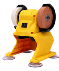 Compact Cordless Bench Grinder With 5500Rpm Motor, Compatible With Dewalt Batteries, showing yellow body and dual grinding wheels.
