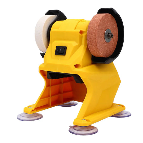 Compact Cordless Bench Grinder With 5500Rpm Motor, Compatible With Dewalt Batteries, showing yellow body and dual grinding wheels.