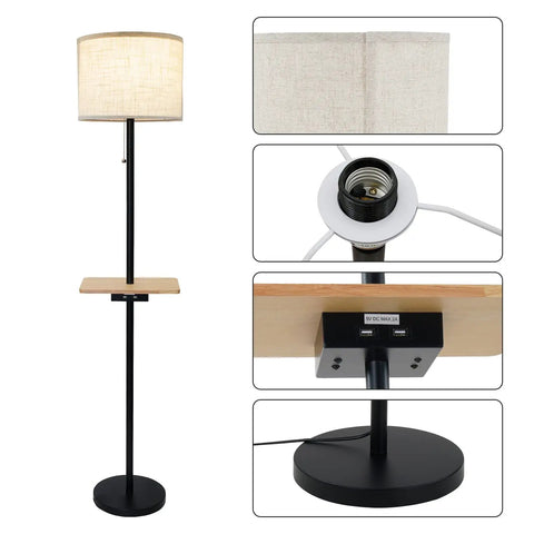 Dope Modern Floor Lamp With Dual USB Ports And Rectangle Tray Table, 60 Inches Tall, Linen Shade, Pull Chain, Easy Setup