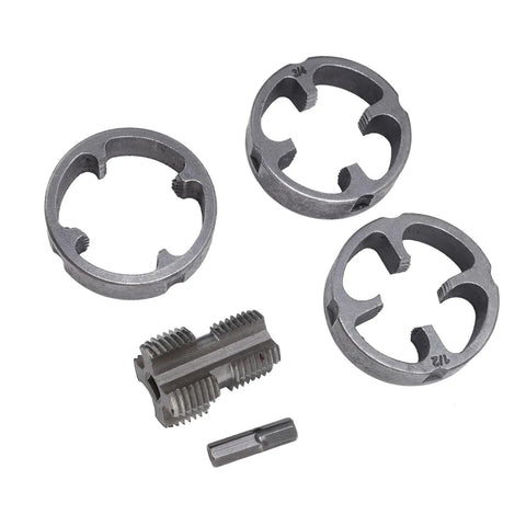 Senecesli Pvc Pipe Threader Kit components including three cutting heads and a threading tool for plastic and water pipes.