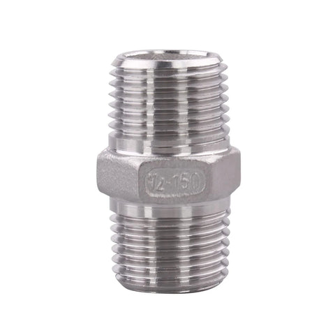 1/2 inch stainless steel NPT male nipple with hex center, for water, oil, and gas lines