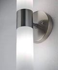 Modern 14 Inch Two Light Wall Sconce In Brushed Nickel Finish With Frosted Glass Cylinder Shades, close-up view