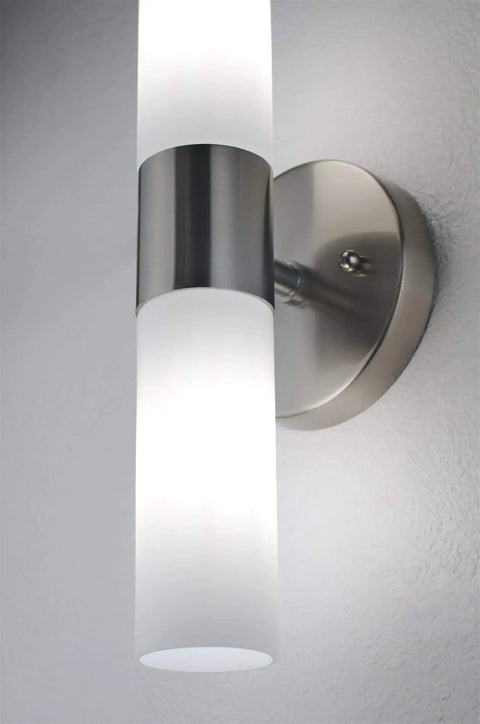 Modern 14 Inch Two Light Wall Sconce In Brushed Nickel Finish With Frosted Glass Cylinder Shades, close-up view