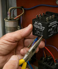 ICM universal motor starting relay, black six-terminal block; close-up wiring being connected.