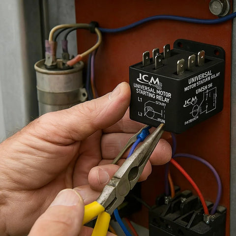 ICM universal motor starting relay, black six-terminal block; close-up wiring being connected.