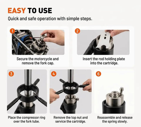 Step-by-step guide using Heavy Duty Motorcycle Fork Spring Compressor Tool Kit For Universal Fit On Conventional And Inverted Forks Pro Grade DIY Maintenance For Seal Replacement And Oil Change On Sport Dirt And Street Bikes.