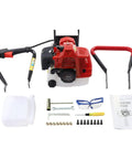 Gas Powered Post Hole Digger 43cc Two Stroke with 8 Inch Auger Bit for Fence Posts, showing engine, handles, and accessories