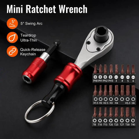 Grab And Go Portable Quarter Inch Hex End Mini Ratchet Wrench Set with Quick Release Magnetic Bit Driver, 2 Piece, Red