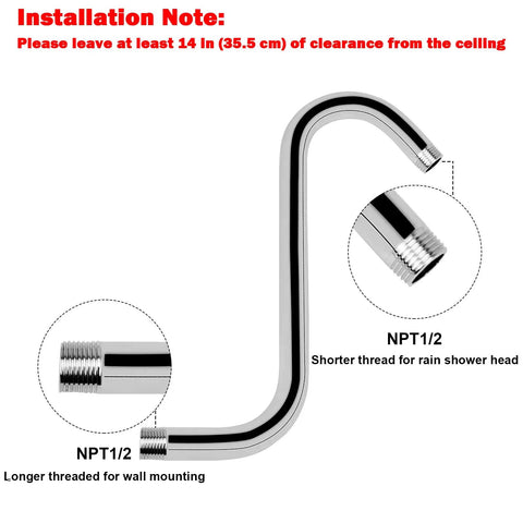 Diagram of S Shaped Shower Arm Riser Extender With Flange For One Half Inch Connection Ten Inch Chrome Bathroom Accessory