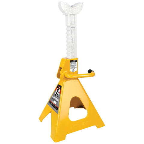 Ratchet Style Jack Stand Set For Lifting Vehicles During Maintenance Heavy Duty 6 Ton Capacity Easy Height Adjustments Yellow Durable Steel Construction