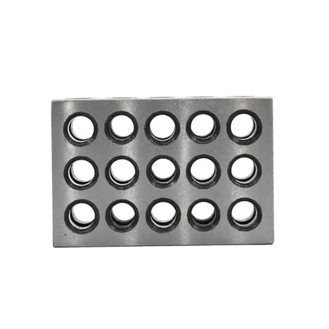Pair Of 1 X 2 X 3 Inch Steel Blocks With 23 Holes And 0.0002 Inch Accuracy, Cross Drilled For Maximum Strength, Ideal For Milling Machine Setup Layout And Inspection Jobs. Front view of steel block with 23 holes