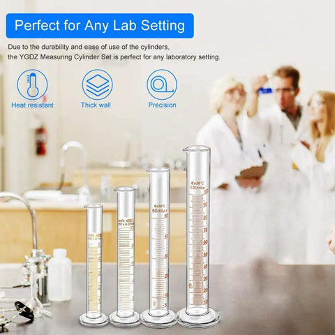 Beefy Thick Glass Graduated Cylinder Set Borosilicate Glass 5ml 10ml 50ml 100ml With 2 Cleaning Brushes in lab setting