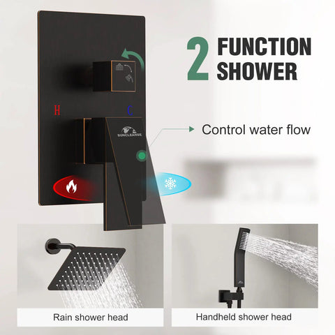 Brushed Nickel Shower System With 8 Inch Wall Mounted Rain Shower Head And Handheld Spray Valve And Trim Included For A Spa Like Upgrade Easy Install High Flow Modern Rainfall Fixture Set showing rain and handheld functions