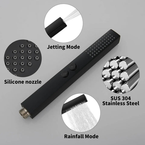 Heavy Hitter Black Shower Faucet Set With Broad Rain Canopy And Two Function Handheld Sprayer For No Worries Scrubbing And Pup Baths Cool Finish Cuts Bills