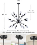 Black Modern Sputnik Chandelier With 18 Lights, 360 Degree Adjustable Angles, Vintage Industrial Ceiling Fixture dimensions view