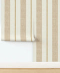 Level Up Your Space With Cream Modern Gold Matte Linen Wallpaper Game Changer PVC Free Durable Wall Covering Pro Grade Paste To Paper Design For Living Areas showing beige stripes and gold accents.