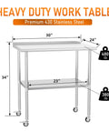 Stainless Steel Prep Table 24 By 30 Inch With Adjustable Undershelf, Backsplash And Wheels For Kitchen, Garage, Outdoor BBQ.