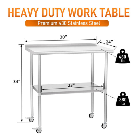 Stainless Steel Prep Table 24 By 30 Inch With Adjustable Undershelf, Backsplash And Wheels For Kitchen, Garage, Outdoor BBQ.