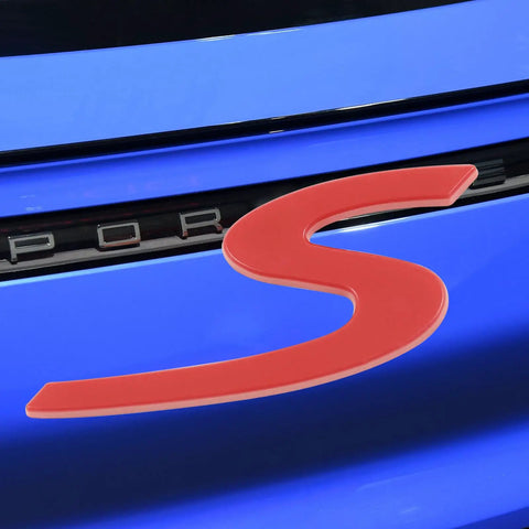 Red S Logo Emblem For Porsche Tailgate Badge on blue car, compatible with 911, 991, 992, 718, Cayenne, Panamera, Macan, Boxster, Turbo, Taycan.