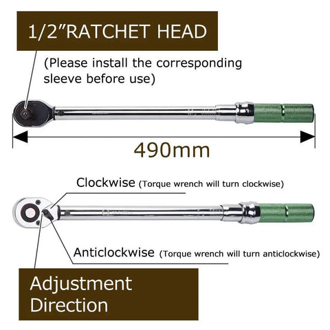 1/2-Inch Drive Click Torque Wrench Set Dual Direction Adjustable High Precision Wrench With 490mm Length and Ratchet Head