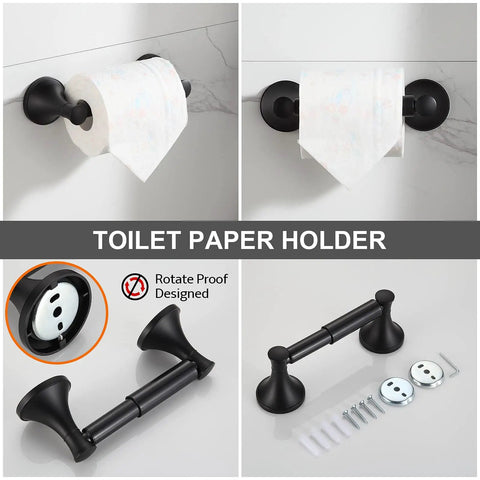 Black 4 Piece Bathroom Hardware Set With 18 Inch Or 24 Inch Towel Bar And Matching Towel Holders, showing toilet paper holder.