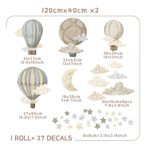 Watercolor Hot Air Balloon Fabric Wall Sticker Peel and Stick Decals With Stars and Clouds for Baby Nursery Kids Bedroom Playroom Decor 120 x 40 cm Eco Friendly Non Toxic Pre Cut Totally Kid Friendly