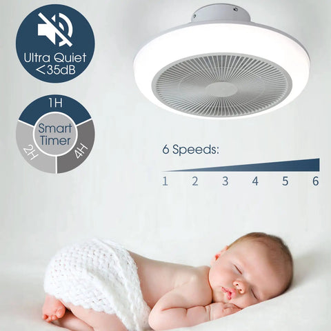 Low Profile Ceiling Fan With Light Enclosed Flush Mount Bladeless Smart Ceiling Fan With Remote shown above sleeping baby