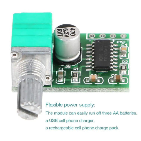 Ultra Compact Mini 3W Plus 3W DC 5V Audio Amplifier Module With Potentiometer for DIY portable projects, top view.