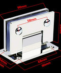 Premium Rock Solid Shower Glass Door Hinges For Eight To Twelve Millimeter Tempered Panels SUS304 Stainless Steel with dimensions displayed.