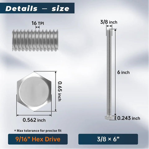 Six Piece Set 3/8-16 Stainless Steel Hex Head Screws Bolts With Nuts Flat And Lock Washers Full Thread Coarse Thread 304 Stainless Steel A2-70 Hardware Kit