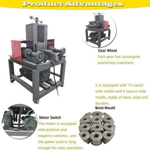 Heavy Duty 220V Single-Phase Electric Pipe Bender With Seven Die Sets For Round And Square Tubing showcasing the gear mechanism and tube molds.