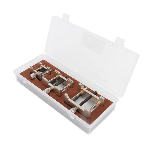 Plastic case with Metal Watch Movement Holder Set 3 Pcs Reversible Watch Repair Tool for Movements and Mounted Dials displayed inside