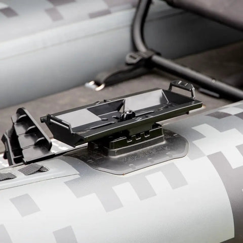 TracPak Quick Release Mounting Base for Track Mount Storage Boxes, mounted on a kayak with T Bolt and surface mount hardware.