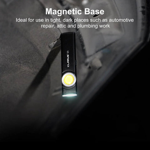 Pocket EDC Dual Light Flashlight With Rechargeable USB C 600 Lumen Output shown attached to metal surface with magnetic base