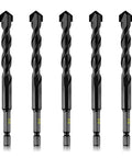Five 3/8-inch masonry drill bits with hex shanks, black carbide finish, front view