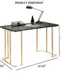 Adjustable Standing Computer Desk With Built Storage And Power Port, Sleek Faux Marble Work Table For Home Office, Gold Metal Frame, 47.25 inches.