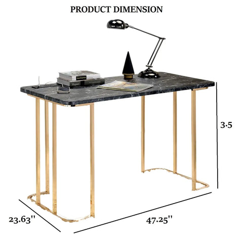Adjustable Standing Computer Desk With Built Storage And Power Port, Sleek Faux Marble Work Table For Home Office, Gold Metal Frame, 47.25 inches.