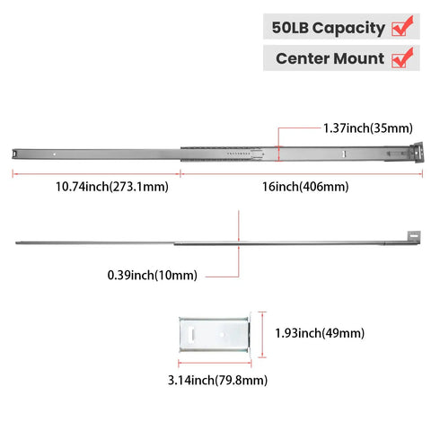 Heavy Duty 16 Inch Center Mount Drawer Slides Track With Silent Ball Bearings, Cold Rolled Steel, Zinc Plated Finish For Smooth Quiet Operation, 2 Pack showing 16in slide dimensions