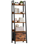 5 Tier Ladder Shelf With Removable Fabric Drawer, Rustic Wood And Metal Bookcase Organizer, displayed with decor and storage.